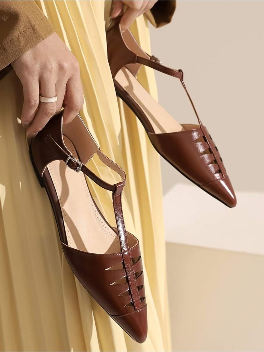 Pointed Toe T-Strap Flats Ankle Strap Genuine Leather Low Heel Pumps Closed Toe - Picture 4 of 9